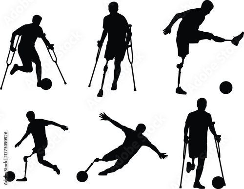 Disabled soccer players, adaptive football athletes, prosthetic leg sport icons, crutch soccer silhouettes, inclusive team game action, flat vector illustration