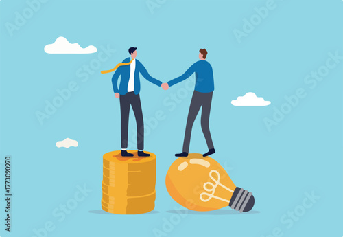 Idea pitching, fund raising and venture capital, selling business or merger agreement concept, entrepreneur businessman standing on lightbulb idea lamp shaking hands with VC on money coins stack.