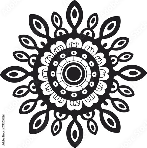 Mandala pattern, circular symmetry, black and white design, teardrop shapes, concentric petals, meditation motif, abstract ornament, flat vector illustration