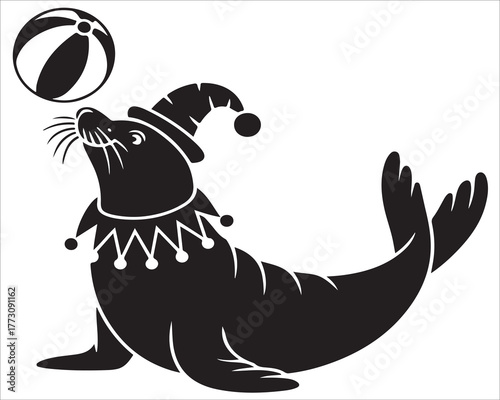 Playful marine animal illustration of seal balancing ball, entertainment art