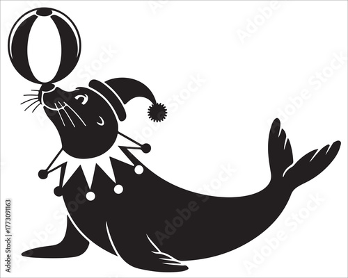 Playful circus seal balancing ball on nose in black and white vector illustration, performing marine animal cartoon design for entertainment, kids art, and fun show mascot concepts