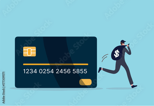 Credit card online hacking, online hacking or financial robbery concept, young mysterious thief with dark black robbery running with big bag with dollar sign money sign from credit card online payment