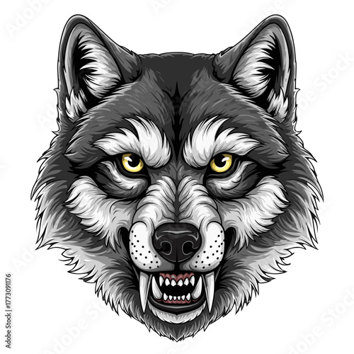 Wolf mask illustration in black and white with fierce expression  