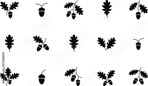 Oak leaf and acorn icons, botanical silhouette set, nature elements vector, forest plant graphic, black design, flat vector illustration