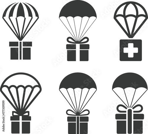 Parachute delivery icons, aid package, gift box, medical drop, black silhouette, logistics symbol, vector set, flat vector illustration