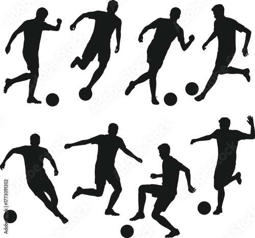 Soccer player silhouette, football action poses, kicking dribbling running, black vector graphic, sports movement icon, flat vector illustration, athlete design