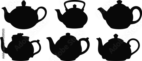 Teapot silhouette set, vintage kettle icons, classic tea pot shapes, black vector graphic, flat design, minimal style, outline illustration