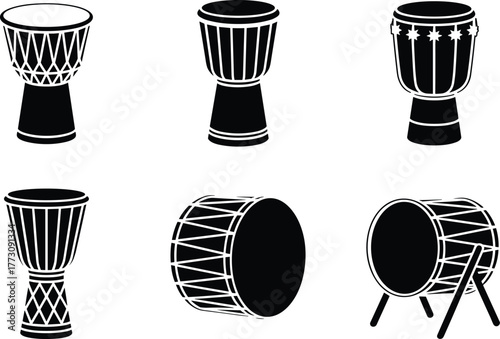 Traditional drums, djembe, taiko, ashiko, percussion instruments, black and white, tribal music, vector icons, cultural rhythm, flat vector illustration
