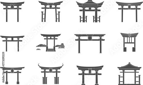 Torii gate silhouette, Japanese shrine entrance icons, traditional architecture graphic, cultural symbol vector, black design elements, flat vector illustration, sacred style