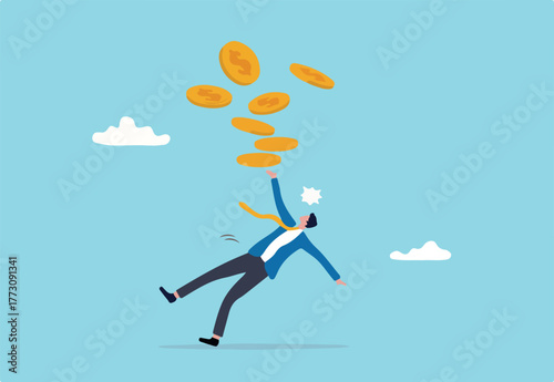 Financial mistake losing money, investment risk or trading failure, debt and loan, cost and expense problem concept, clumsy businessman investor fall on slippery floor losing all money dollar coins.