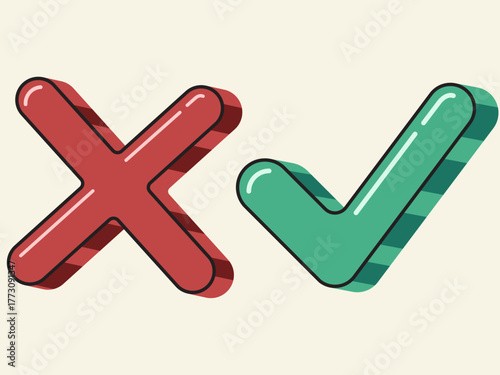 Stylish 3D red X and green check mark vector icons showing right and wrong choices. Perfect for UI, apps, websites, presentations, and infographics. Modern flat design with soft shadows.