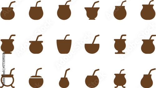 Traditional mate gourd silhouettes with bombilla straws, South American drink icons, cultural beverage shapes, flat vector illustration, isolated on white