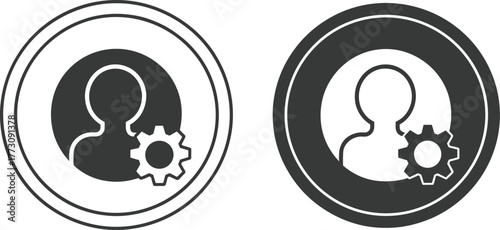 User profile icon, account settings symbol, gear customization graphic, interface avatar design, flat vector style, minimal outline, dark light theme