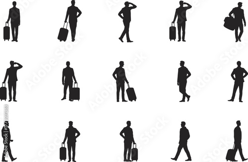 Traveler silhouette, suitcase, walking, standing, saluting, luggage poses, airport icon, journey concept, flat vector illustration, black travel figures