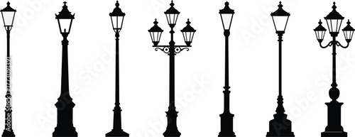 Vintage street lamp silhouettes, classic lantern posts, retro urban lighting, antique outdoor fixtures, decorative city lights, ornate lamp designs, flat vector illustration