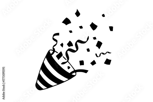 Black and white isolated party popper icon with confetti and streamers
