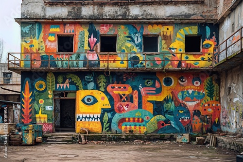 Colorful graffiti covering old brick building