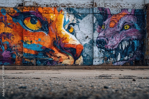 Colorful graffiti covering old brick building
