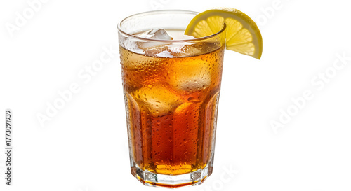 Refreshing tall glass of iced tea with ice cubes and a lemon slice garnish on a black background