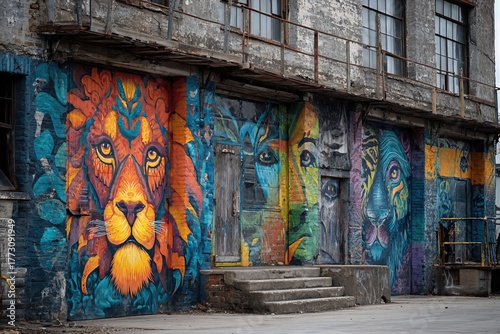 Colorful graffiti covering old brick building