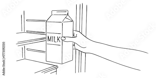 冷蔵庫の中から牛乳パックを取り出す手の線画イラスト,キッチン,食材,飲料,ベクター