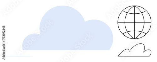 Blue cloud next to globe and outline cloud, symbolizing global communication, weather, environment, data storage, climate, cloud computing, and sustainability. Simple flat metaphor
