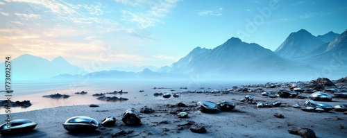 Alien Shores Metallic Pods on a Distant World Beach with Mountain Backdrop , sci-fi , landscape