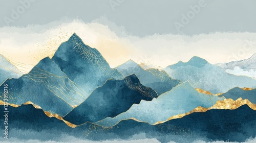 Mountain background vector. Minimal landscape art with watercolor brush and golden line art texture. Abstract art wallpaper for prints, Art Decoration, wall arts and canvas prints. , no logos, no bra