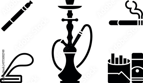 A collection of smoking implements including an electronic cigarette, hookah, cigar, and cigarette pack.