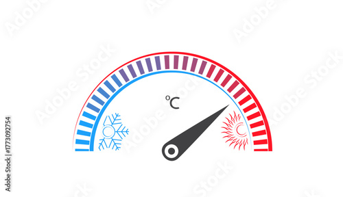 Abstract thermometer measure vector design with indicator, sun snowflake icon isolated on white. Creative weather meteorology icon, summer, winter, spring, autumn season illustration. 
