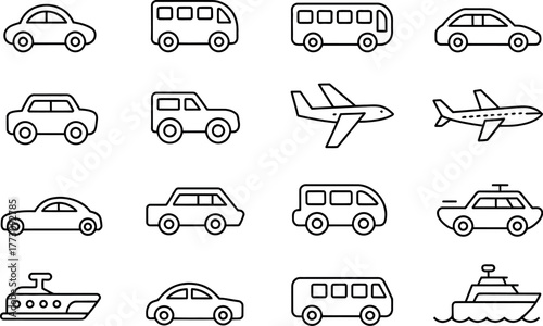 A collection of simple line art icons representing various modes of transportation.