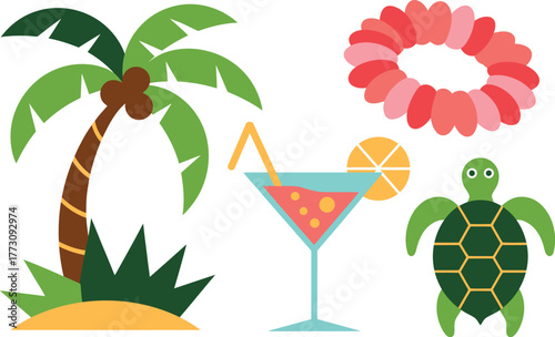 Tropical elements including a palm tree, lei, cocktail, and turtle represent a vacation.