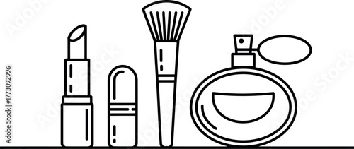A collection of cosmetic items, including lipstick, a makeup brush, and perfume.