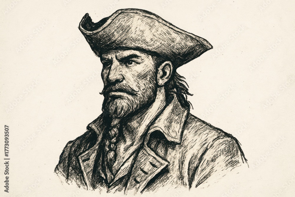 Fototapeta premium Gritty bearded pirate captain portrait on white with tricorne hat and weathered coat