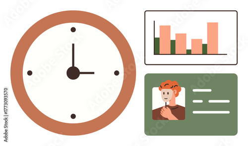 Clock indicating time, bar graph with data bars, and ID card with photo and text. Ideal for time tracking, productivity, analytics, identity, organization workflow planning. Simple flat metaphor