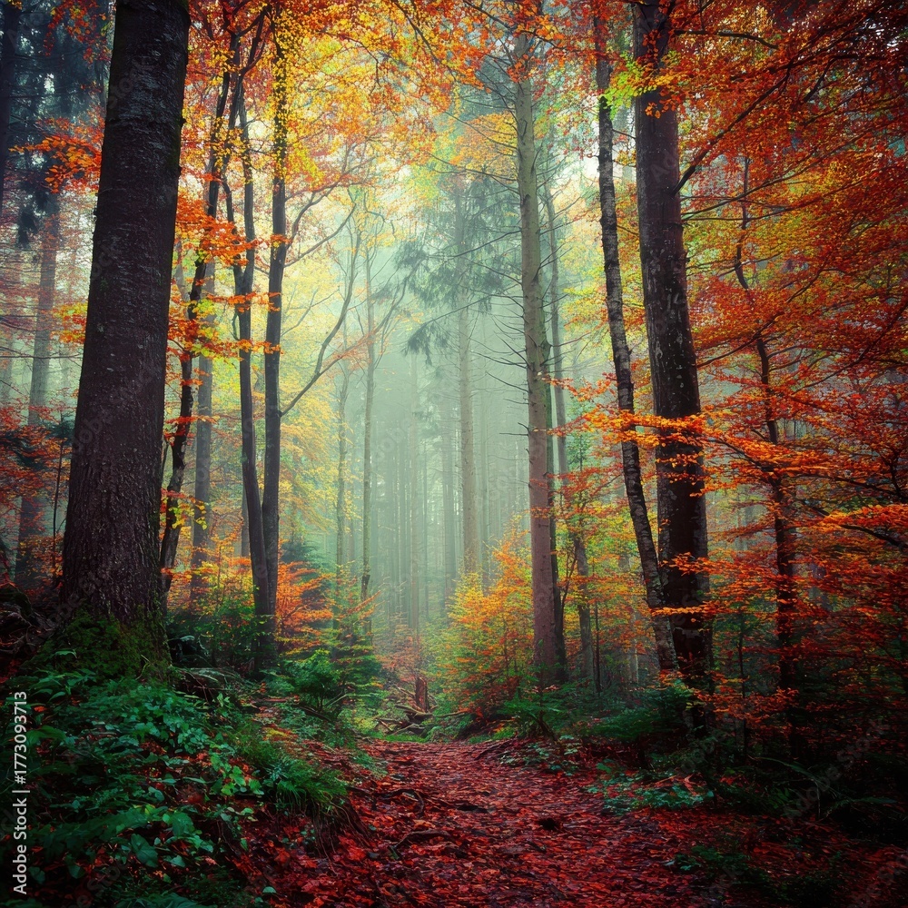 Obraz premium Autumn forest on photo. Nature wallpaper