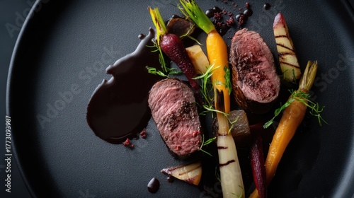 Venison loin with chocolate sauce and root vegetables gourmet dish