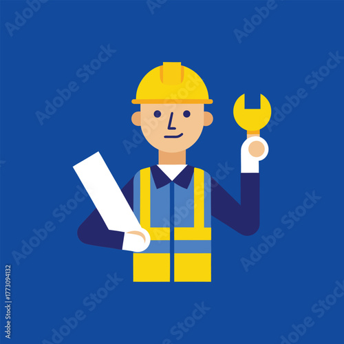 Construction Worker Holding Wrench and Blueprint Vector Illustration