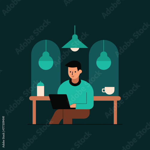 Digital Nomad Working with Laptop in Cozy Coffee Shop Vector Artwork