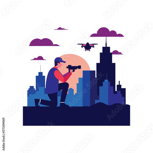 Drone Photographer Capturing City Skyline at Twilight Vector Illustration