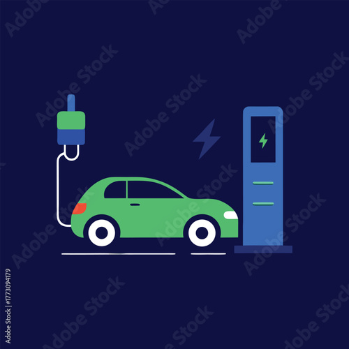 Electric Car Charging at Station Vector Illustration