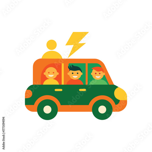 Family Road Trip in Electric Car Vector Illustration