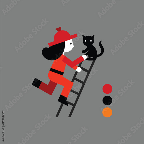 Female Firefighter Climbing Ladder to Rescue Kitten Vector Illustration