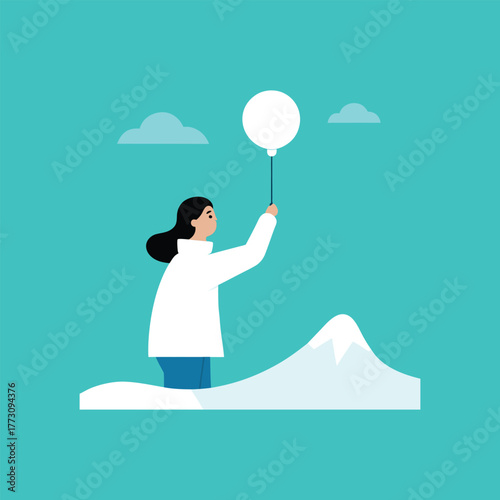 Female Scientist Releasing Weather Balloon in Arctic Vector Scene