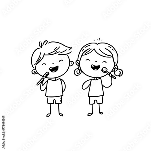 Cute kids brushing teeth dental hygiene vector illustration for children oral care and healthy habits routine