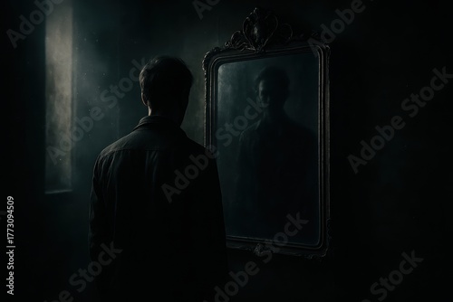 Surreal mirror self portrait shadow warped reflection exploring anxiety fear and identity