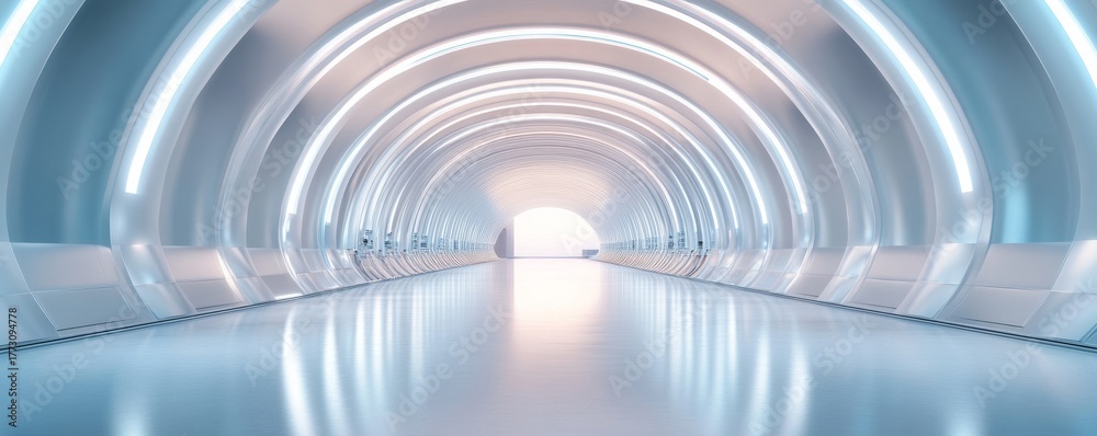 Naklejka premium Futuristic White Corridor with Glowing Arches, Architecture , Interior design