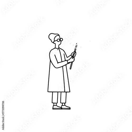 Illustration of a professor or scientist with glasses holding a pointer stick teaching lesson plan drawing
