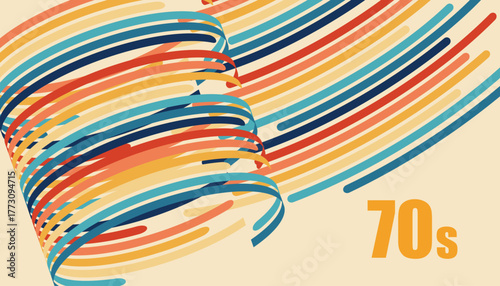  Retro 70s poster with dynamic curved stripes. Groovy colorful abstract background in orange, yellow, red, blue and teal. Vintage vector design for nostalgic decoration, print and poster art
