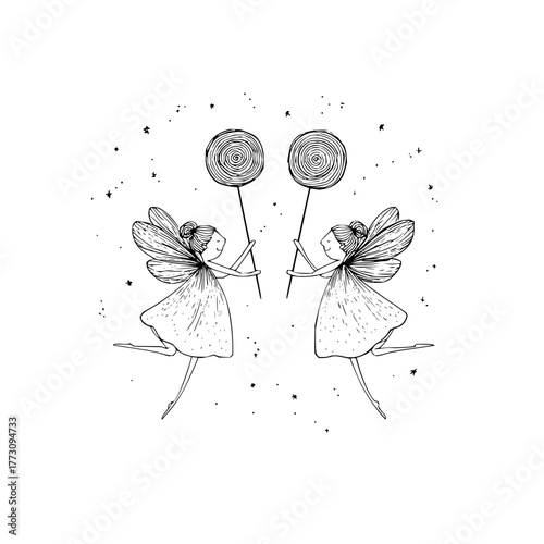 Whimsical fairy illustration with lollipops, fantasy art drawing for coloring pages and storybooks design